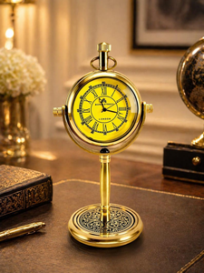 Antique Brass Nautical Compass Style <b>Desk</b> Clock with Yellow Dial <b>Vintage</b> Maritime Timepiece Office Decor - Product Image 5