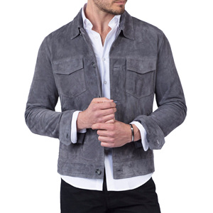 <b>Men's</b> High Quality Premium Leather <b>Trucker</b> <b>Jacket</b> Suede Canvas Stand Collar Front Logo Winter Green/Olive Suede Fully Lined - Product Image 5