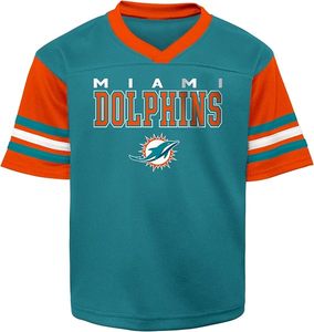 Camiseta de Fútbol Americano Juvenil de los Miami Dolphins, Color Verde Azulado, Naranja y Blanco con Rayas, Ropa Deportiva de Poliéster Resistente, Estilo Pull-On - Product Image 1