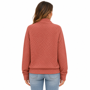 Wholesale <b>Quilted</b> Women Sweatshirts Asymmetrical Button Mock Neck Cotton Blend Casual Pullover Custom Logo Hoodies OEM ODM - Product Image 2