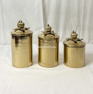 Gold Hammered Metal <b>Spice</b> Canisters Set with <b>Tray</b> Leak Proof Vintage Kitchen Storage Containers Cylinder Shape Handcrafted Boxes - Product Image 4