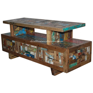 Meuble TV en bois de bateau récupéré, 3 tiroirs, style double plateau, patchwork, bois recyclé, design durable pour support TV - Product Image 3