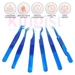 Custom Individual BlUE Stainless Steel Professional <b>Precision</b> Anti-Static Eyelash Extension Tweezers Private Label Pointed Set - Product Image 3