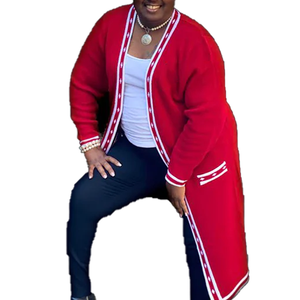 Red White Long <b>Duster</b> Cardigan Winter Wool/Cashmere for Sorority Knit Sweater Open Front V Neck Classic Contrast - Product Image 2