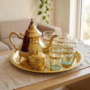 Luxury Brass <b>Tea</b> <b>Set</b> with Teapot, <b>Cups</b>, Saucers and Serving Tray – Traditional Indian Handcrafted Brass <b>Tea</b> & Coffee <b>Set</b> - Product Image 1