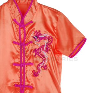 Ensemble uniforme de Kung Fu en satin orange pour enfants et adultes, avec logo personnalisé, vente en gros, manches courtes, broderie de dragon, costume d'arts martiaux Tai Chi - Product Image 6