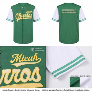 Camiseta de Béisbol Micah Charros Verde y Blanca de Manga Corta con Logotipo Bordado, Cierre de Botones, Unisex para Adultos, Malla Transpirable - Product Image 6
