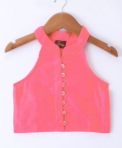Haut sans manches en chanderi tissé Twisha, uni, avec pantalon palazzo - Corail et vert lime - Product Image 3