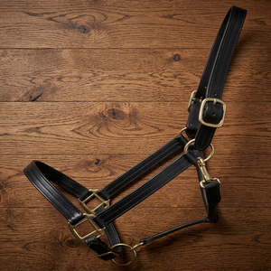 Luxurious Padded Leather Horse Halter in Black Brown Thick Saddle Leather Brass <b>Name</b> <b>Plate</b> Heavy Duty Adjustable Brass Hardware - Product Image 1