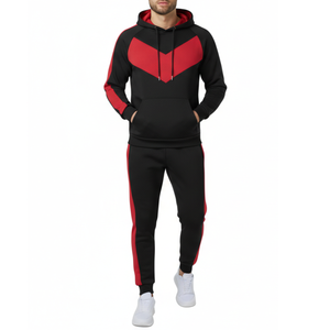 Ensemble de survêtement premium pour homme noir et rouge - Sweat à capuche Chevron V-Shape Color Block avec pantalon assorti - Product Image 1