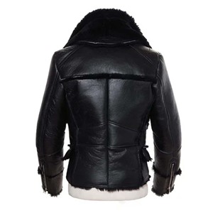 Veste en cuir noir pour homme, style motard, col en fourrure surdimensionné, manteau d'hiver en peau de mouton véritable, doublure en polaire épaisse et moelleuse - Product Image 2