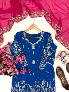 Ensemble Kurta brodé bleu pour femme avec pantalon Palazzo et Dupatta – Tenue de fête traditionnelle indienne et pakistanaise, coupe classique - Product Image 5