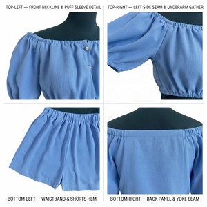 Women's Blue <b>Off</b> <b>Shoulder</b> 2 Piece Shorts Set Oxford Cotton Casual Spring Summer Regular Fit Solid Color <b>Ruffles</b> <b>Top</b> With Shorts - Product Image 4