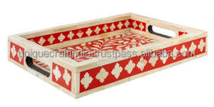 Plateau de service en treillis marocain avec incrustation d'os bleu | Plateau décoratif artisanal en plusieurs tailles et couleurs pour la maison et les cadeaux - Product Image 5