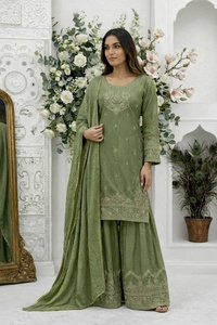 นำเสนอคอลเลคชั่นเสื้อผ้าสำเร็จรูปใหม่ล่าสุด ดีไซน์หรูหรา ปักลายสวยงาม พร้อมกางเกงปาลาซโซและผ้าคลุมไหล่ - Product Image 2