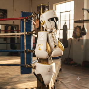 Ensemble de boxe Fly neuf et professionnel : Gants en cuir, protège-tête et protège-glandes, respirant, durable, blanc et or - Product Image 1