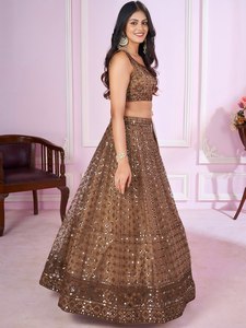 Lehenga Choli clásico marrón bordado con red, largo hasta el suelo, con Dupatta y lentejuelas, estilo A-Line, para bodas y fiestas, para mujer - Product Image 6