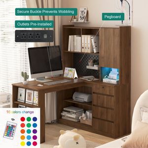 Modern LED Light L-Shaped Desk with Charger Drawers Bookshelf for Home <b>Office</b> <b>Computer</b> Desk by 'L Shaped St' - Product Image 3