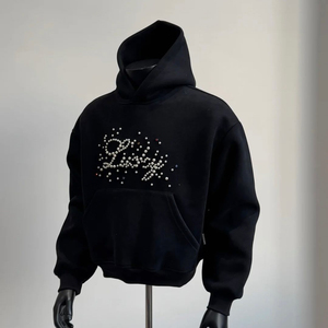 เสื้อฮู้ดดี้ Alphatek pearl แบบสั่งทำพิเศษ สไตล์สตรีทแวร์ ทรงครอป บ็อกซี่ กระเป๋าคู่ ผ้าหนา ประดับมุกและคริสตัล - Product Image 1