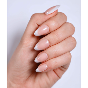 Uñas Postizas Personalizadas de ABS, Estilo Francés Almendrado Mediano, con Estampado Dorado Nude Lechoso y Cromado Plateado, Uñas Artificiales al por Mayor, 24 Piezas - Product Image 1
