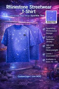 เสื้อยืดผู้ชายสไตล์สตรีทแวร์สุดเทรนดี้ ประดับเพชร งานปักวิบวับ แขนสั้น ทรงโอเวอร์ไซส์ หรูหรา ทรงบ็อกซี่ คอวี แฟชั่น รับผลิตแบบ OEM - Product Image 3