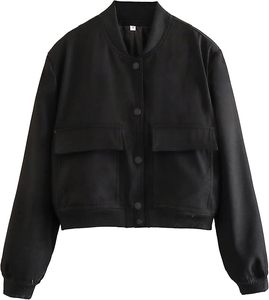 Chaqueta Bomber Corta Negra para Mujer, Manga Larga, Cuello Alto, Cierre de Botones, Ropa Exterior Informal, Color Sólido, Material de Poliéster - Product Image 1