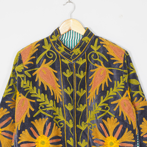 Women Velvet Embroidered <b>Jacket</b> <b>Mandarin</b> <b>Collar</b> Lantern Sleeve Floral Boho Style Autumn Coat Handmade Suzani Pattern - Product Image 6