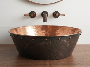 Hammered Copper Vessel <b>Sink</b> Two Tone Interior Black Exterior Rivet Rim Detail Handmade Copper <b>Bathroom</b> Wash Basin - Product Image 2