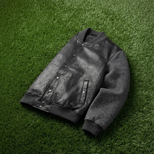 Chaqueta de Hombre de Cuero Negro con Mezcla de Lana, Cuello Acanalado, Botones a Presión, Manga Larga, Estilo Casual Urbano - Product Image 6