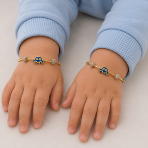 18KT Gold Blue Enamel Car Charm <b>Bangle</b> <b>Bracelet</b> with Diamond Accent Beads High Polish Cute Fashion Jewelry for Women Girls Daily - Product Image 1