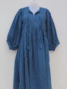 Robe maxi bleue à pois pour femmes, coupe ample, col en V, manches bouffantes, robe décontractée, tissu tissé 100% coton respirant - Product Image 1