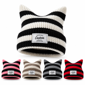 Bonnet à oreilles de chat rayé en tricot côtelé 100% acrylique, brodé, pour femme et unisexe, style streetwear - Product Image 1