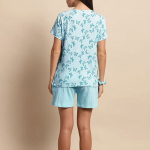 Women's Light Blue Butterfly Printed <b>Short</b> Sleeve <b>Top</b> <b>And</b> <b>Shorts</b> <b>Set</b> Casual Spring Summer Wear 100% Cotton Breathable Loose Fit - Product Image 3