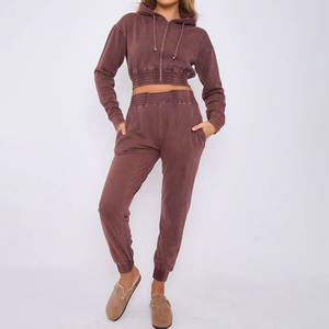 Premium Acid Wash Joggers Set for Women Custom Street Wear Patch Embroidery <b>Cropped</b> <b>Zip</b>-<b>up</b> Hoodie Tracksuits Winter Collection - Product Image 3