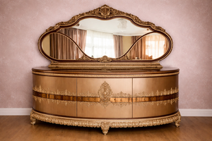 Cama Doble de Lujo Estilo Turco con Cabecera Alta, Armario y Cómoda, Muebles de Dormitorio con Tallados Reales, Cama Clásica con Taburetes Laterales - Product Image 3