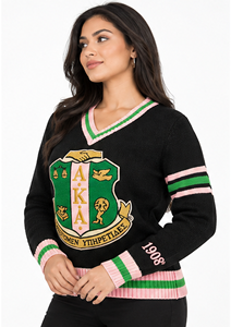 เสื้อสเวตเตอร์ถักคอวีสำหรับผู้หญิง OEM ปักลายอัลฟ่า เค อลฟ่า เครสต์ 1908 สไตล์พรีปปี้ แขนยาว สำหรับฤดูหนาว ขายส่ง - Product Image 2