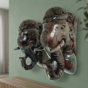 Hand Carved Wooden <b>Elephant</b> Head Wall <b>Decor</b> Traditional Animal Print Design Asian Zen From Uttarakhand for Home Decoration - Product Image 3