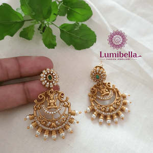 Laxmi Vintage Chandelier Drop Earrings with Jade Pearl Diamond Moissanite Zircon Gold Plated Alloy Women's Wedding Jewelry - Product Image 1