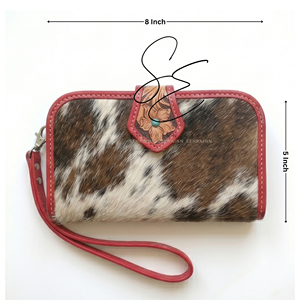Western Tooled Leather Clutch Red Wallet Handmade Cowhide Cowgirl Purse Floral Engraved Evening Hair On Hide <b>Wristlet</b> Bag - Product Image 3