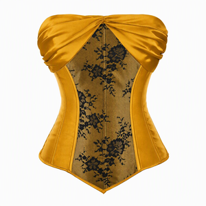 Women's <b>Yellow</b> Satin Corset Bustier Top with Ruched <b>Lace</b> Overbust Design and Waist Cincher - Product Image 1