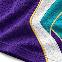 Ensemble de maillots de basket-ball sublimés personnalisés, violet, turquoise, blanc, imprimé géométrique, col en V, sans manches, maille respirante, séchage rapide, 100%