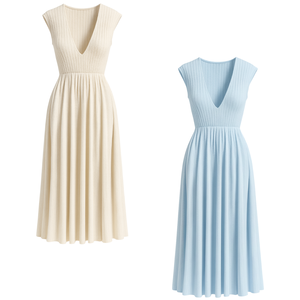 Vestido de Verano para Mujer de Alta Calidad, Diseño Elegante, Minimalista, Recto, de Manga Corta y Cuello Redondo, Tejido de Punto Acanalado - Product Image 1