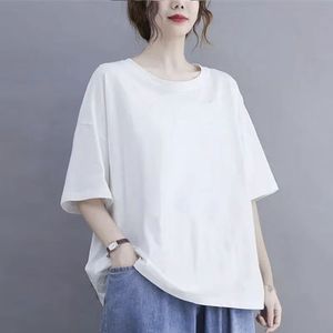 T-shirt ample à manches courtes pour femme, couleur unie, épaules tombantes, col rond, 100% coton tricoté, respirant, toutes saisons - Product Image 2