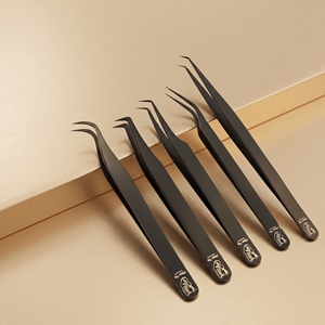 Pinzas de pestañas de volumen Pinzas de punta de fibra curvada Extensión de pestañas de volumen Herramienta profesional de acero inoxidable - Product Image 1