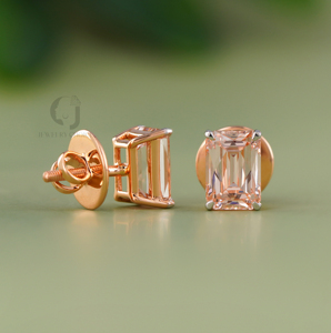 4.07 Carat <b>Emerald</b> Cut Solitaire Lab Diamond <b>Studs</b> 14KT Rose Gold Fancy Peach Color EF Two Tone Screw Back Statement Earrings - Product Image 5