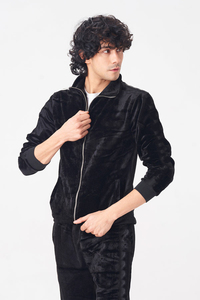 Survêtement zippé en velours noir pour homme, coupe classique, couleur unie, décontracté, pour l'hiver, col montant, manches longues - Product Image 3