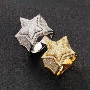 Star Shape Cocktail <b>Ring</b> With <b>Crystal</b> Pave Setting Gold Plated 925 Silver Unisex Hiphop Style Everyday Wear - Product Image 1