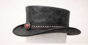 Premium Quality Custom Handmade Unisex Distressed Leather <b>Top</b> Hat With Chain Band And Red Stone Accent - Product Image 2