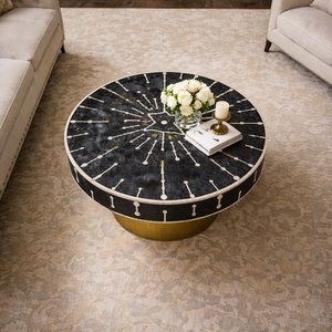 <b>Round</b> Modern Marble Coffee <b>Table</b> Black and <b>White</b> Inlay Metal Base Living Room Furniture Customizable - Product Image 2