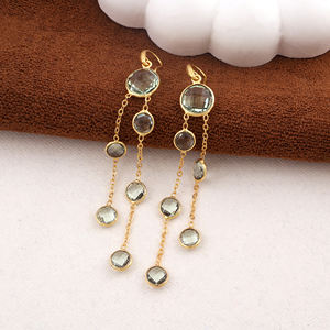 Pendientes de gancho con diseño de gota, chapados en oro, con cuarzo amatista verde de corte a cuadros, múltiples piedras redondas, joyería de regalo, recién llegados. - Product Image 5